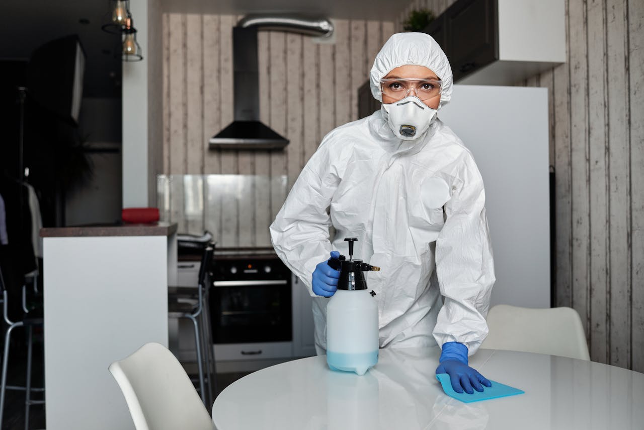 creative-01 A cleaner in full protective gear disinfects a table indoors, ensuring a sterile environment.